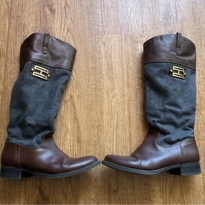 Brown Faux Leather & Gray Wool Tall Riding Boots Tommy Hilfiger Size 6.5Women’s